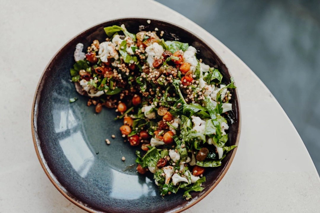 Delicious Oriental, Vegan, Organic Cauliflower Bowl with Parsley, Kale and Chickpeas