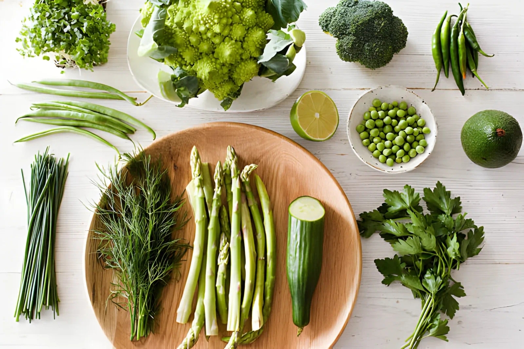 Fresh green vegetables on plate