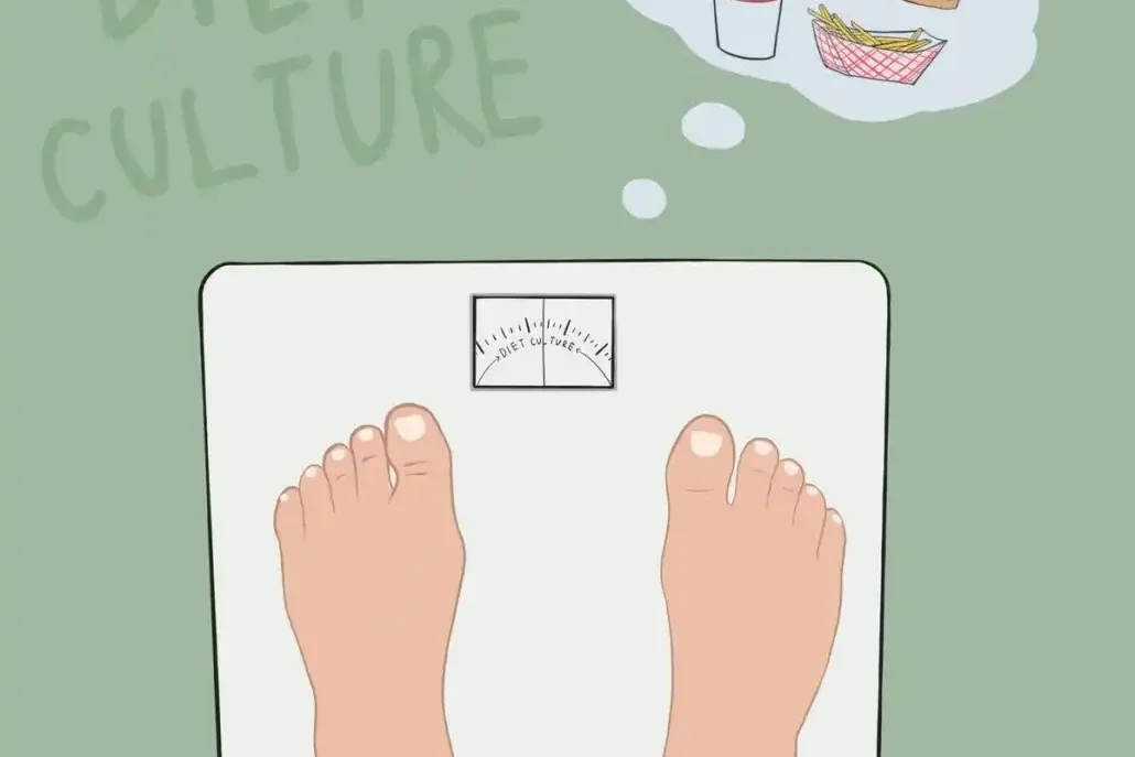 What's Food Freedom All About? a person standing on a bathroom scale with a thought bubble above them that says diet culture on the scale